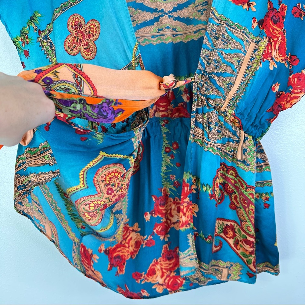 Single Mixed Print Silk Cardigan Blouse Teal‎ Size S - Picture 4 of 5